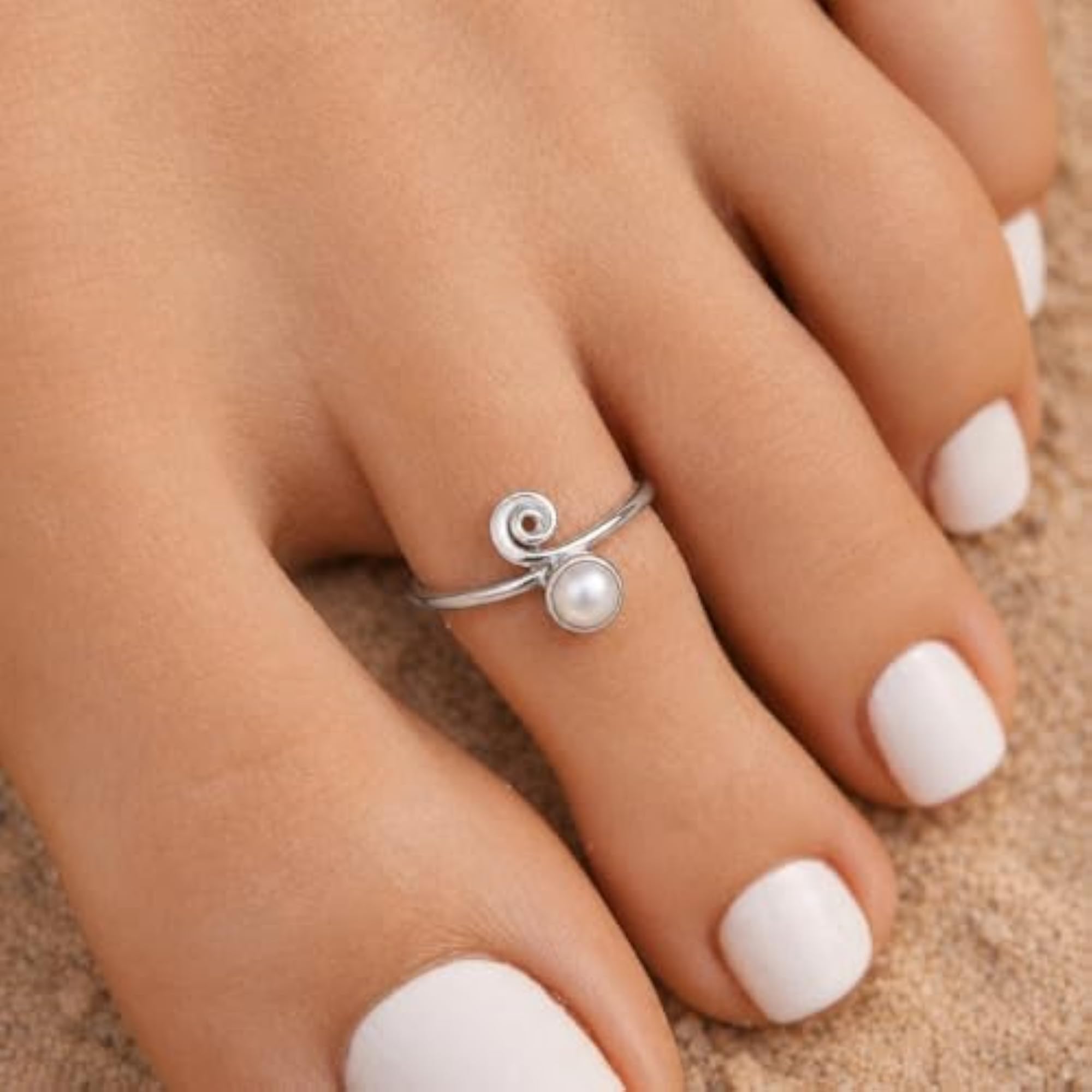 Women's 925 Sterling Silver Pearl Gemstone Adjustable Toe Ring