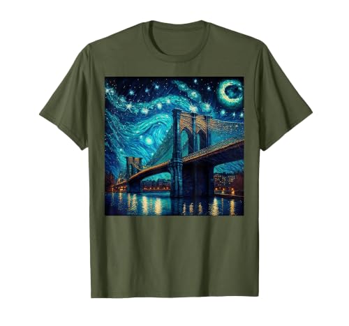 Brooklyn Bridge New York Starry Night T-Shirt, Men, Olive Green, 3X-Large