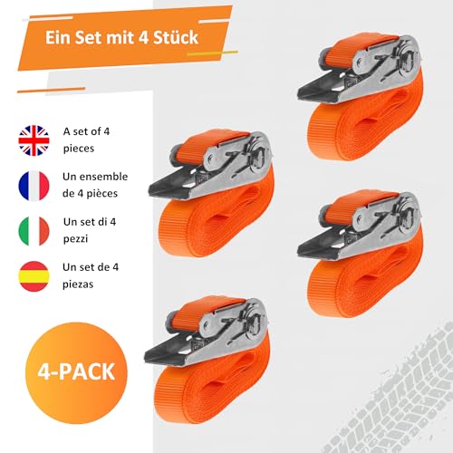 4 Stück Spanngurte mit Ratsche (4m/6m) - 800kg 25mm - in Orange oder Grün Ergolash - Spanngurt, Zurrgurt einteilig – Ratschengurt für Motorrad (Orange, 4m)