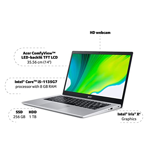 Image of (Refurbished) Acer Aspire 5 11th Gen Core i5 14-inch (35.56 cms) Full HD IPS Thin & Light Laptop- (8 GB /256GB SSD /1TB HDD /Windows 10 Home /Intel Iris Xe Graphics /Pure Silver /1.55 Kg), A514-54