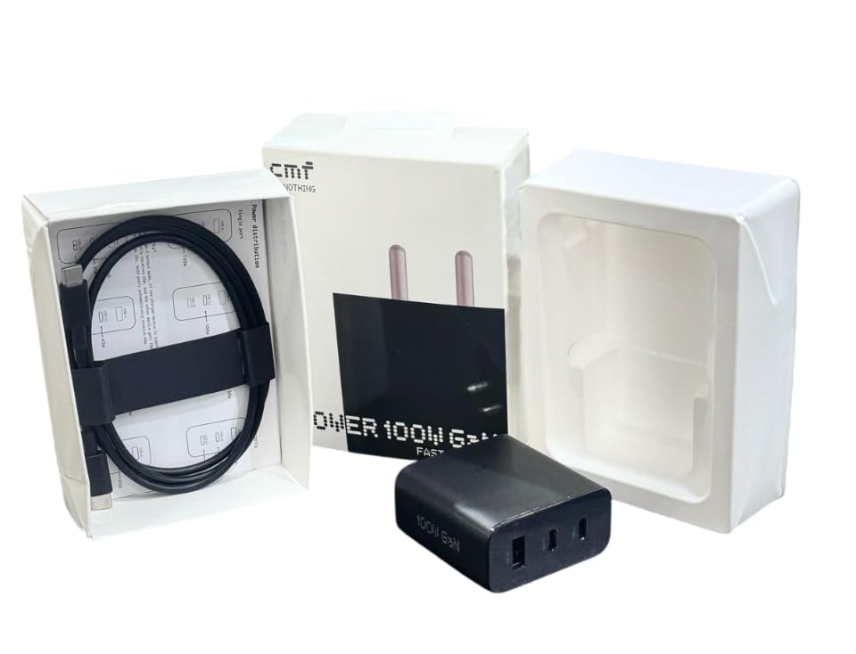 Image of Original 100 W Power GaN 5 A 3 Port Mobile Charger with Detachable Cable Compatible with All Android CellularPhone (Dark Grey, Cable Included)