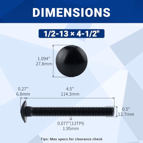Image of 1 /2-13 x 4-1 /2 inch Black Carriage Bolts with Nuts and Washers Kits (6 Sets), 304 Stainless Steel 18 /8, Black Finish, Round Head, Square Neck, Heavy Duty Bolts, Indoor Outdoor Fastening Bolts, Fayeploo