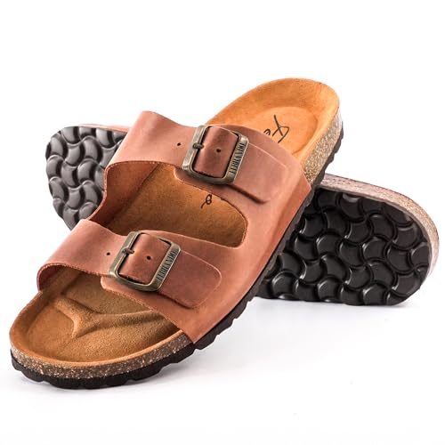 Ferrando Sandalias Hombre Chanclas Piel Nobuk Bio Anatómicas Cómodas Corcho Natural Verano Transpirables Antideslizantes (Marrón, Sistema tallas calzado EU, Adulto, Hombre, Números, Ancho, 45)