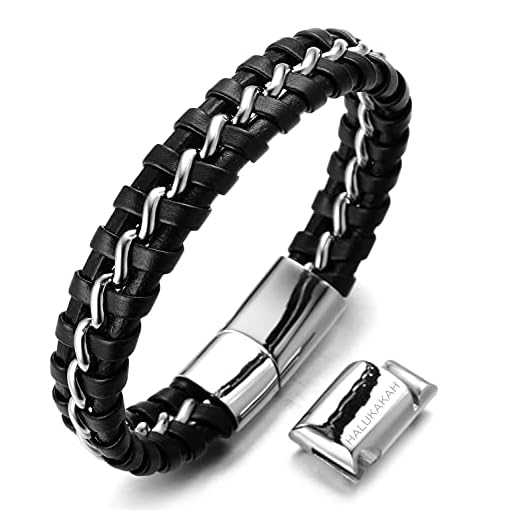 Halukakah Barn pojkar armband äkta läder svart magnetisk stängning rostfritt stål titan kedja gratis presentbox 6–12 3 y/O. Storlek justerbar 18–19,5 cm e Titanstål, colore: Silver 18–19,5 cm, cod. WS-HAJWEU0067-S-M-SK
