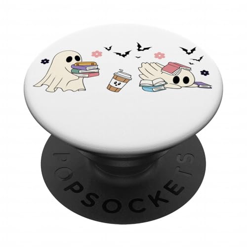 Ghost Books Coffee Halloween Cute Ghost Reading Book Lover PopSockets Adhesive PopGrip