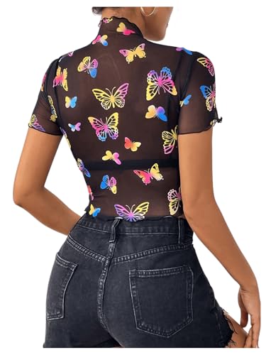 SHENHE Women's Sheer Mesh Reflective Rave Top Y2k Butterfly Round Neck Short Sleeve Crop Top2