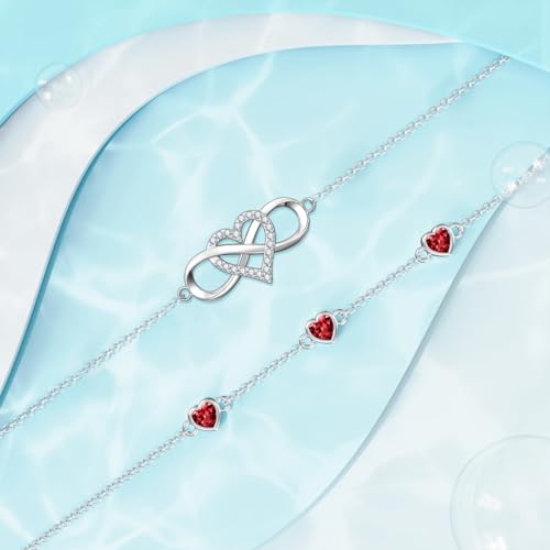 Image of Dorunmo 925 Sterling Silver Infinity Heart Birthstone Anklet Bracelets for Women Best Mother's Day Birthday Jewelry for Wife Girlfriend Mom Her