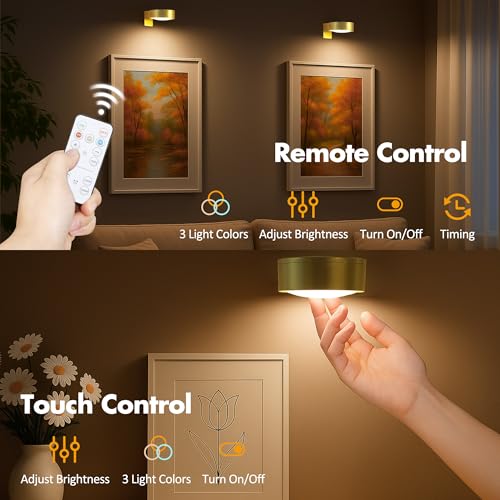 3pcs battery operated picture light magnetic led painting light with remote dimmable and timer 3 lighting modes art display light for picture frame paintings wireless wall decor puck lights gold