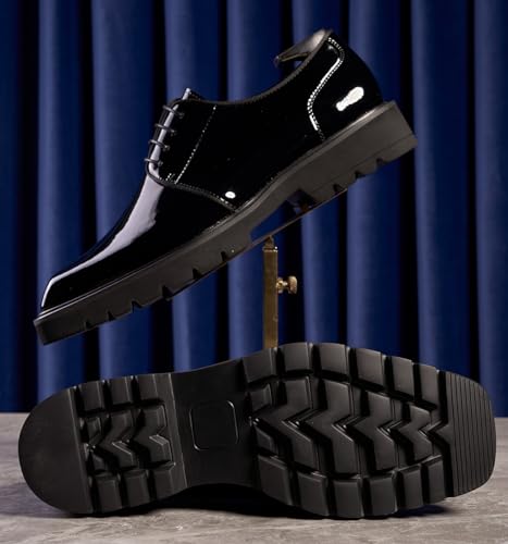 Santimon Men's Oxfords Black Formal Dress Patent Leather Handmade Unique Square Toe Derby Shoes Business Casual Thick-Soled Shoes2