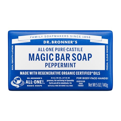 Dr Bronner's Peppermint Pure-Castile Bar Soap, Made with Organic Oils with Certified Fairtrade Ingredients, Used for Body, Face and Hair, Vegan Friendly, 140g Bar