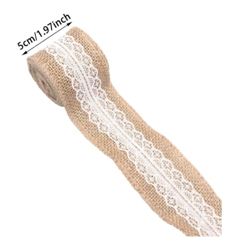 2 Inch Wide Natural Burlap & White Lace Ribbon for Christmas Gift Bows，A - image 2