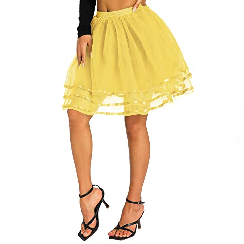 Awoscut Women Girls Mesh Tutu Tulle Skirts with Elastic Wide Waist, Solid Color Multi-Layer Structure Summer Dancer Skirts3