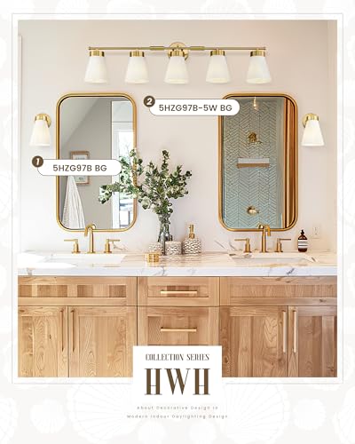 Image of Bathroom Light Fixture, HWH 5-Light Bathroom Vanity Light Brushed Gold Vanity Lighting Over Mirror, Modern Vanity Lights with Frosted White Striped Glass, 5HZG97B-5W BG