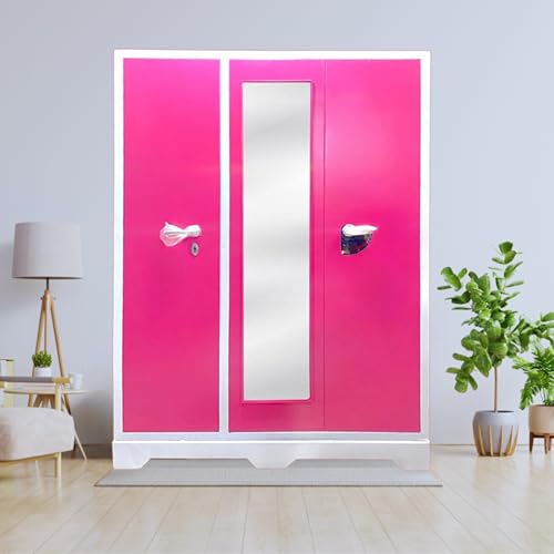 Image of Steel Almirah 3 Door Wardrobe with Mirror-3 Years Warranty | Modern Metal Cupboard berow for Bedroom | Clothes Storage Organizer with 2 Drawers & 2 Hanging Space (Pink, 54 X 18 X 78)