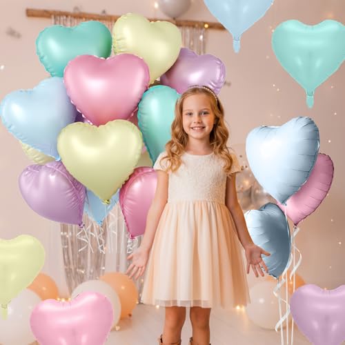 Image of Pastel Heart Balloons, 10 Pcs Macaron Heart Shape Balloon, 18 Inch Pastel Pink Purple Teal Blue Yellow Foil Valentines Balloons for Kids Candy Birthday Wedding Baby Shower Easter Party Decorations