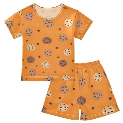 Pajama Short Sets Cookie Pattern on Orange Soft Cotton Summer Sleepwear 2 Piece PJS Size 5-14T