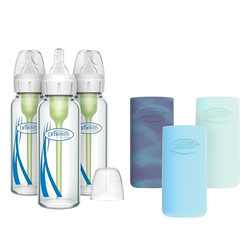 Image of Dr. Brown's Natural Flow Anti-Colic Options+ Narrow Glass Baby Bottle, 8 oz/250 mL, with Silicone Bottle Sleeve, 3 Pack, Glow/Blue/Mint