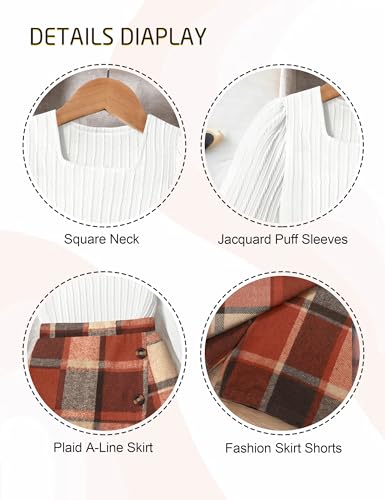 Image of AGAPENG Girl Skirt Sets 3 Piece Outfits Square Neck Jacquard Puff Sleeve Tops Plaid Mini Skirt Shorts Fall Winter Clothes