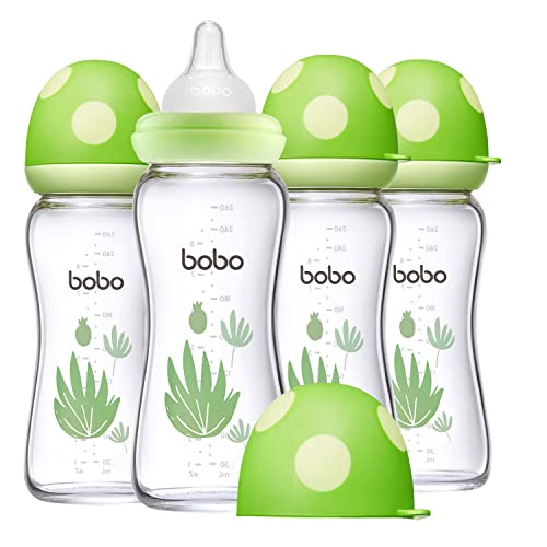 Image of YOHKOH Natural Glass Baby Bottle with Level 2 Medium Flow Nipple, Newborn Anti-Colic Baby Bottles, Wide Neck Mushroom Baby Glass Bottle (8.8oz (Pack of 4), Green)