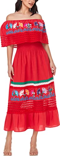 Image of YZXDORWJ Women Embroidered Mexican Peasant Casual Sexy Lace Off-Shoulder Long Dress