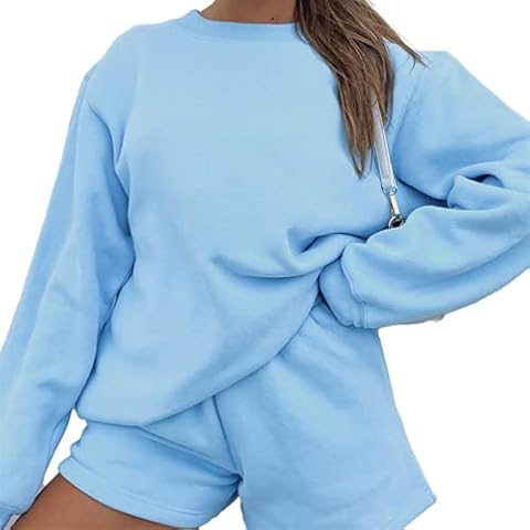 Ekaliy Women's Casual Two Piece Outfits Long Sleeve Sweatsuit Solid Color Athletic Clothing Short Pants, Blue, Large Cover