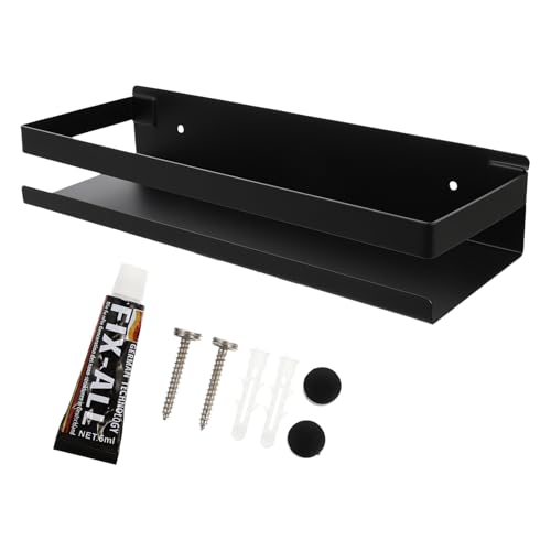 EXCEART ステンレス製パンチ壁掛け収納ラック ブラック 防水キッチン浴室用メタルシェルフ 簡単設置バスルーム壁棚