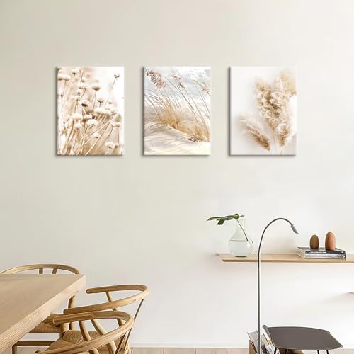 3Pcs Wooden Framed Canvas Wall Art Set Beige Dandelion Pampas Grass Reeds Painting Canvas Prints Coastal Beach Seascape Pictures for Living Room Bedroom Kitchen Hallway Stairs Wall Decor 30x40cm x3pcs - Image 2