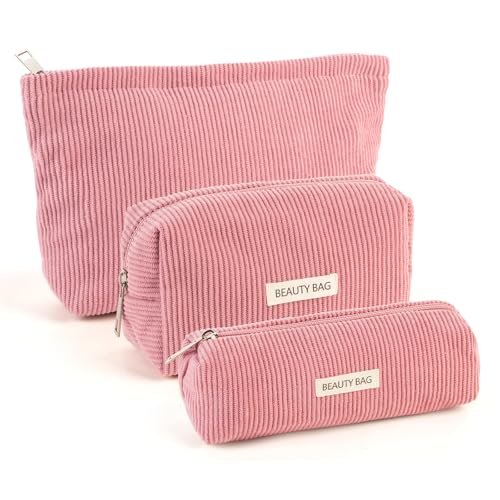 Koytoy Kosmetiktasche,3 Stück Kosmetiktasche Klein- Tasche aus Cord mit Metallreißverschluss, ideal als Schminktasche für Frauen auf Reisen (Rosa)
