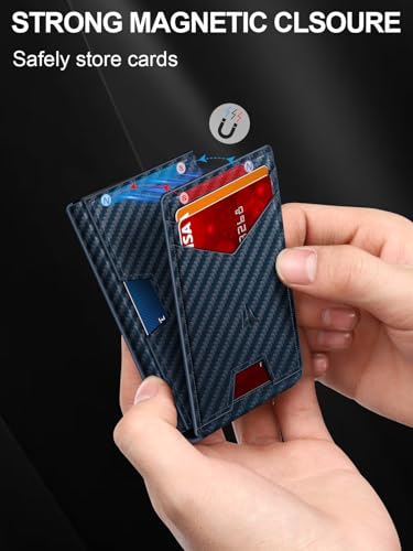 Image of Wallet for Men, Slim Minimalist Wallet with Money Clip＆ID Window, RFID Blocking Pop-Up Credit Card Holder, Smart Auminum Mens Wallet Holds 9-13 Cards (C10 Blue Carbon Fiber)