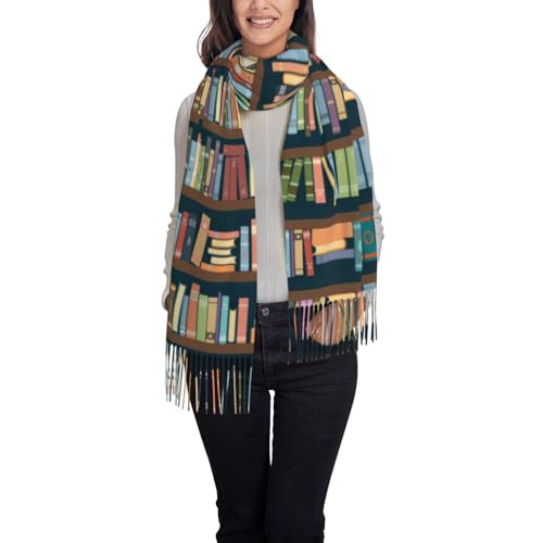 Cartoon Bookshelf Bookworm print Oversized winter tassel shawl Scarf Fashion tassel shawl with styling2