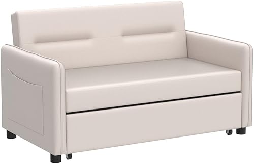 Miniatura 5 de P PURLOVE Sofá biplaza convertible moderno de 57 pulgadas, respaldo ajustable, sofá de 2 plazas con cama extraíble con bolsillo lateral, 2 almohadas
