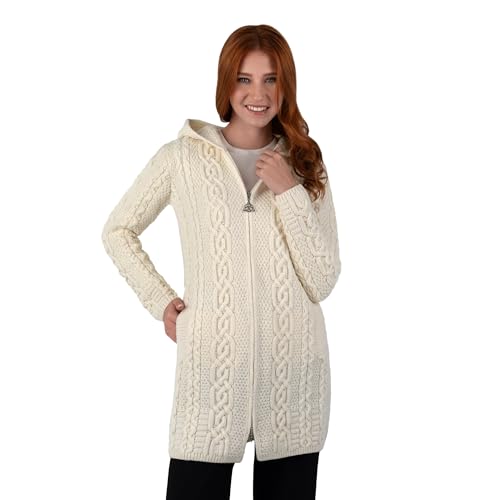 Image of SAOL 100% Merino Wool Aran Irish Cardigan for Women with Pockets, Hood and Celtic Zipper