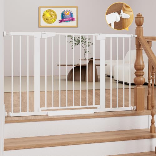 Cumbor 29.751.5 Extra Wide Baby Gate for Stairs Pressure-Mounted Dog Gates for Doorways & Hallways Auto-Close Walk-Through No-Trip Design Child Proof Safety Dog/Pet Gate for Indoor Use White