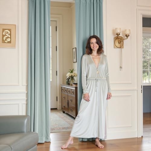 Image of Blackout Misty Blue Velvet Curtains Rod Pocket 52x84 Inch 2 Panels | Soft Velvet, For Bedroom & Living Space, Light Shifting Texture, Elegant Drape, Peaceful, Serene