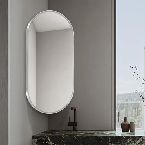 Jcgly Wall Mount Corner Mirror, Oval Bathroom Pivot Mirror, Wall Mirror with Extendable Arm and Metal Frame, Rotating Tilting Mirror, Vertical & Horizontal(Silver,16