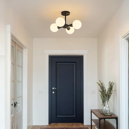 Image of Modern Ceiling Light with Milk White Glass lampshade Black Semi Flush Mount Ceiling Light Fixture Sputnik Chandelier for Bedroom Living Room Dining Room Foyer Hallway(4-Lights)