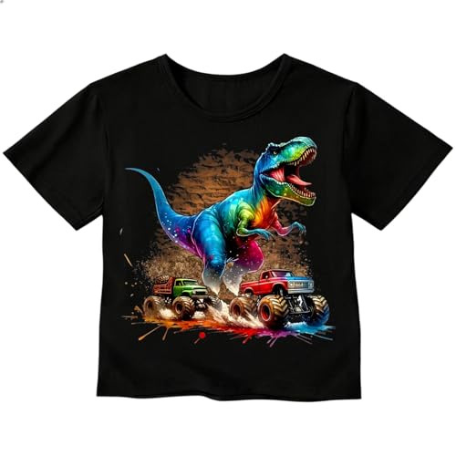 Zcaynger Toddler Boys Dinosaur Monster Truck T Shirt Kids Cotton Graphic Tee Short Sleeve Summer Tops 2-10T Black