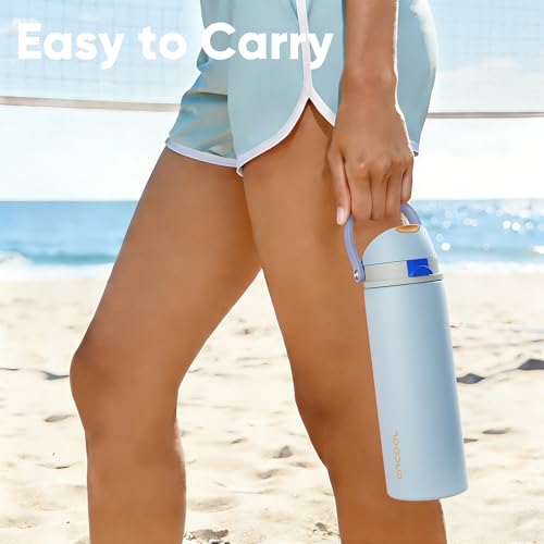 Image of ENCOOL Insulated Water Bottle with Straw Stainless Steel Water Bottle with Push Button Lid, Leak-Proof & BPA-Free, Keeps Cold for 24 Hours for Sports, Travel, Gym (32 oz, Hazy Blue-Blue)