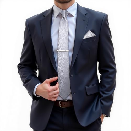 Image of DiBanGu Silk Floral Ties for Men Woven Paisley Necktie and Tie Clip Handkerchief Cufflinks Set for Party Wedding