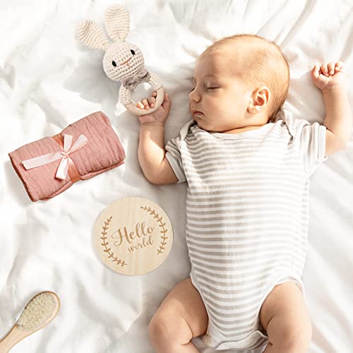 Baby Gift Shower Set, 6-Piece Newborn Gift Set, Baby Blanket Newborn Rattle Wooden Brush And Milestones, Keepsake Gifts For Boys And Girls (Bunny-2) #TOP2