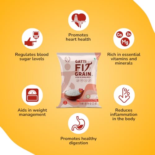 Image of Gatti Fit Grain: Low GI Sona Rice - 5 Kg | Diet & Diabetic Friendly White Rice | Ideal Choice for Weight Management | 100% Natural & Pesticide Free | Certified Sugar Control Rice