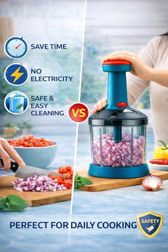 Image of YOUONE Push Chopper, 1000ml Capacity, Stainless Steel Blade, Transparent Container with Lock System, Green (Black)
