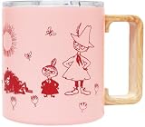 MOOMIN ステンレスマグカップ 350ml 蓋付き 真空二重構造 箱入り ギフト プレゼント (木風ハンドル ライトピンク)