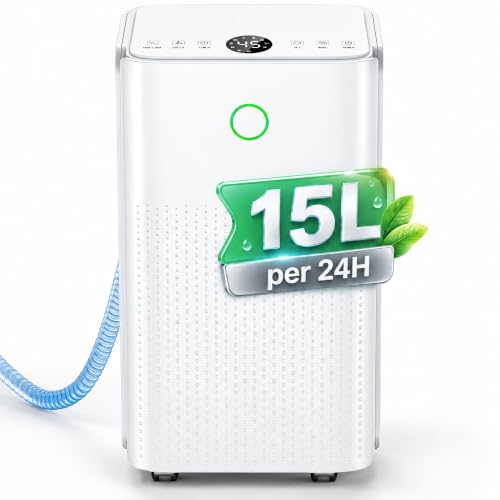 Luftentfeuchter 15L/Tag - Entfeuchter Elektrisch Raumentfeuchter Leise mit 3 Modi, Kontinuierliche Entwässerung, Automatische Abtauung, 24H Timer...