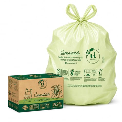 UNNI 1.6 Gallon Compostable Trash Bags with Tie Handles 50 Count Small Food Scrap Kitchen Compost Bags for Countertop Bin Certified by BPI CMA & OK compost HOME Meets ASTM D6400