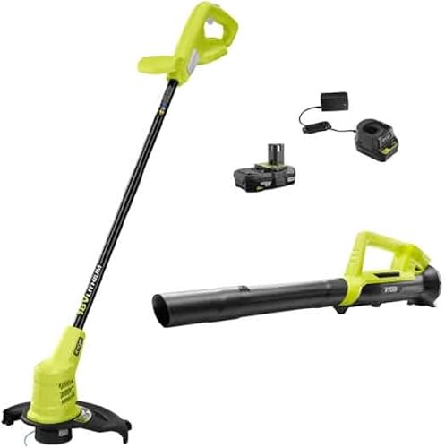 RYOBI Recortadora y sopladora de batería inalámbrica ONE+ de 18 V de 10 pulgadas con batería de 2.0 Ah y cargador