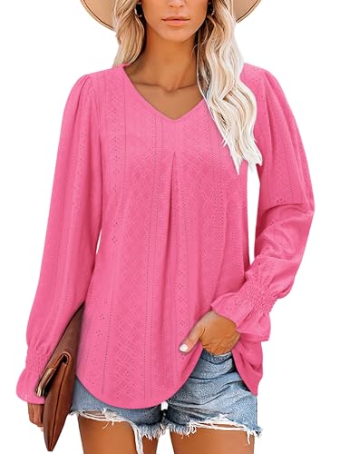 KISSMODA Long Sleeve Fall Shirts For Women V Neck Tunic Tops Embroidered Button Down Knitted Blouses 2025