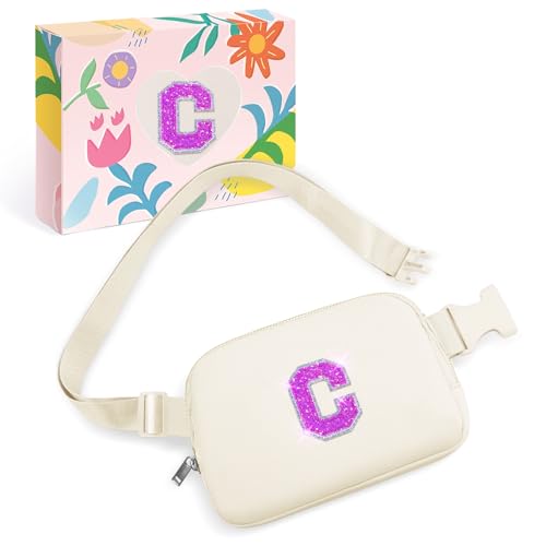 COSHAYSOO Initial Letter Fanny Pack for Girls Personalized Christmas Birthday Gifts for 6 7 8 9 10 11 12 Year Old Girl Preteen Tween Crossbody Bag Ivory C