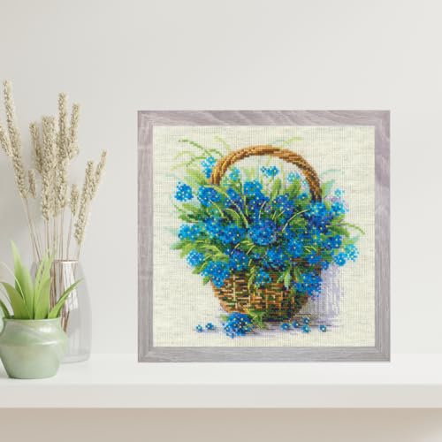 Image of RIOLIS - Forget Me Nots in a Basket 2170, Cross Stitch Kits 8 inch x 8 inch, Cross Stitch Kits for Adults, Floral Counted Cross Stitch Kits, Embroidery Kit for Beginners & Advanced, Crossstitching Kits