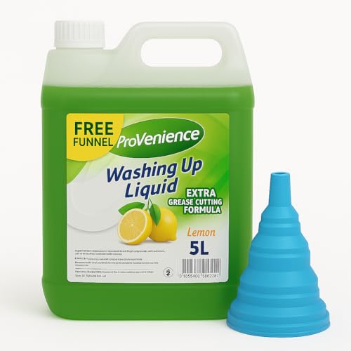 5 Litre Professional Grade Washing Up Liquid Refill with a Funnel| Provenience® | Lemon Scent | Tough on Grease and Grime | Skin Sensitive | Comes with a Silicone Funnel